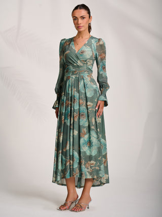 Long Sleeve V Neck Mesh Maxi Dress, Green Floral