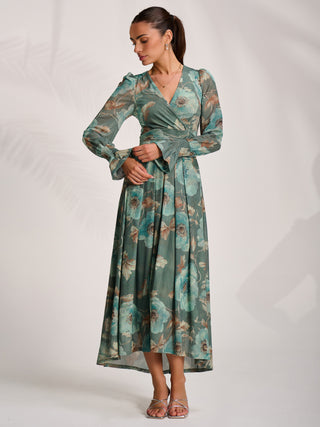 Long Sleeve V Neck Mesh Maxi Dress, Green Floral