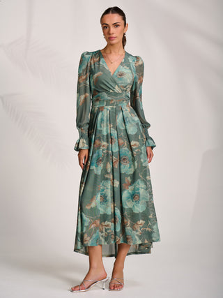 Long Sleeve V Neck Mesh Maxi Dress, Green Floral
