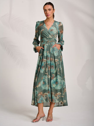 Long Sleeve V Neck Mesh Maxi Dress, Green Floral