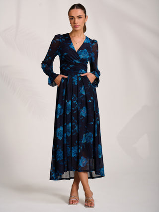 Long Sleeve V Neck Mesh Maxi Dress, Navy Floral