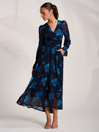 Long Sleeve V Neck Mesh Maxi Dress, Navy Floral