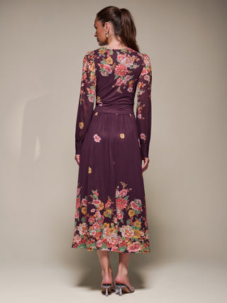 Long Sleeve Printed Mesh Midaxi Dress, Burgundy Floral