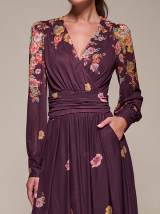 Long Sleeve Printed Mesh Midaxi Dress, Burgundy Floral