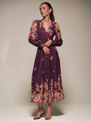 Long Sleeve Printed Mesh Midaxi Dress, Burgundy Floral
