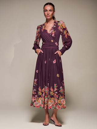 Long Sleeve Printed Mesh Midaxi Dress, Burgundy Floral