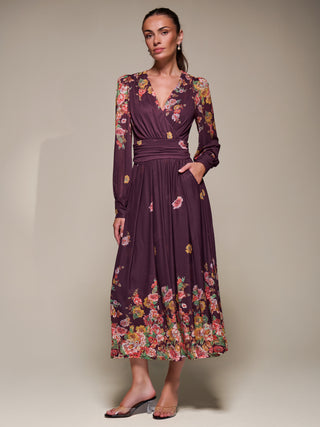 Long Sleeve Printed Mesh Midaxi Dress, Burgundy Floral