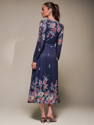 Long Sleeve Printed Mesh Midaxi Dress, Navy Floral