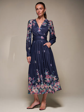 Long Sleeve Printed Mesh Midaxi Dress, Navy Floral