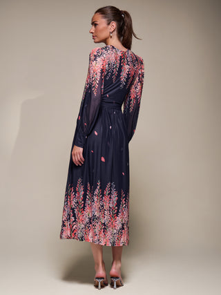 Long Sleeve Printed Mesh Midaxi Dress, Pink Leaf