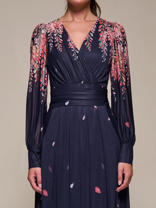 Long Sleeve Printed Mesh Midaxi Dress, Pink Leaf