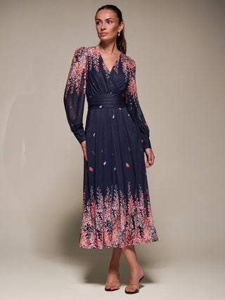 Long Sleeve Printed Mesh Midaxi Dress, Pink Leaf