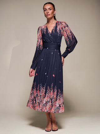 Long Sleeve Printed Mesh Midaxi Dress, Pink Leaf