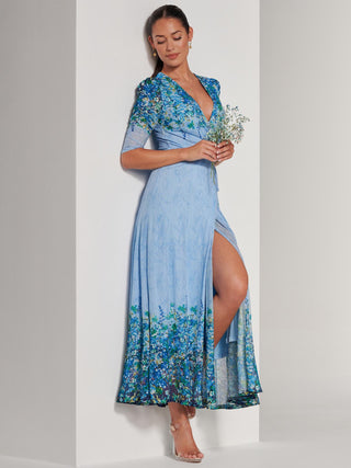 Peggy Ruched Sleeve Wrap Mesh Maxi Dress, Blue Multi