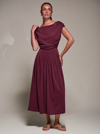 Asymmetric Neckline Midaxi Dress, Burgundy