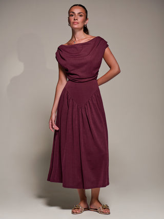 Asymmetric Neckline Midaxi Dress, Burgundy