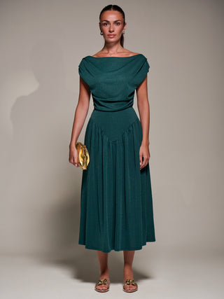 Asymmetric Neckline Midaxi Dress, Dark Green