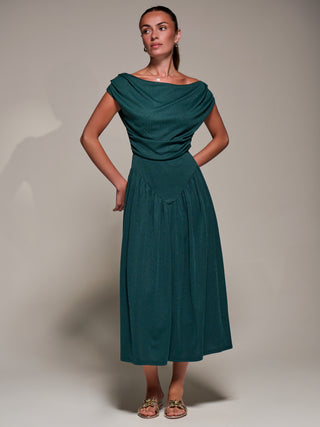 Asymmetric Neckline Midaxi Dress, Dark Green