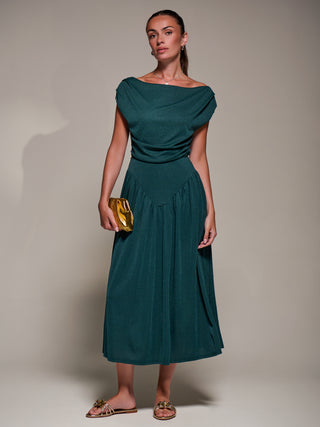 Asymmetric Neckline Midaxi Dress, Dark Green