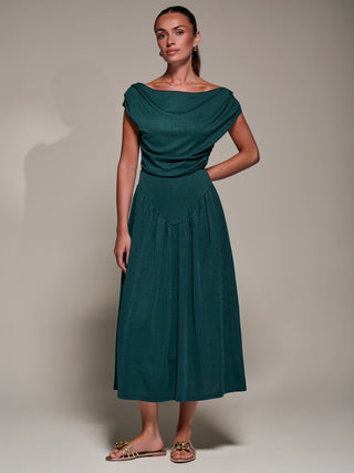 Asymmetric Neckline Midaxi Dress, Dark Green