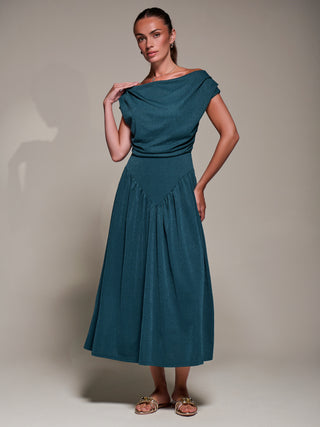 Asymmetric Neckline Midaxi Dress, Dark Teal