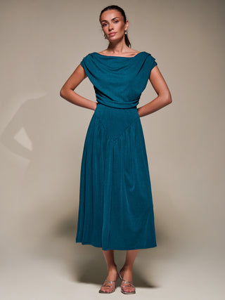 Asymmetric Neckline Midaxi Dress, Teal Blue