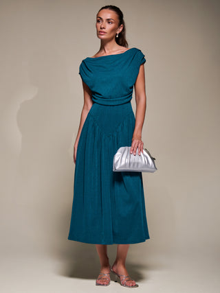 Asymmetric Neckline Midaxi Dress, Teal Blue