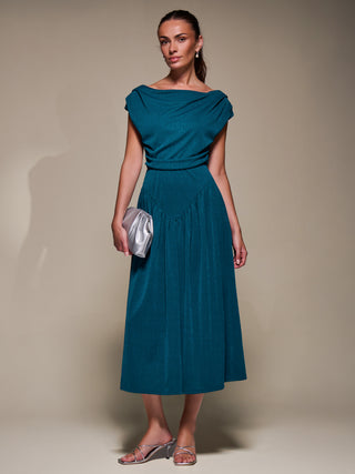 Asymmetric Neckline Midaxi Dress, Teal Blue
