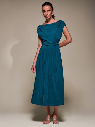 Asymmetric Neckline Midaxi Dress, Teal Blue