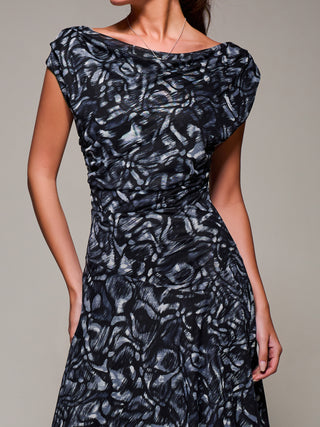 Mesh Asymmetrical Draped Maxi Dress, Black Abstract