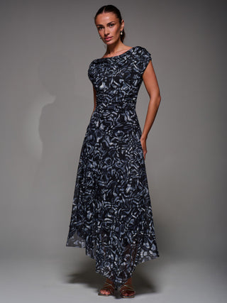 Mesh Asymmetrical Draped Maxi Dress, Black Abstract