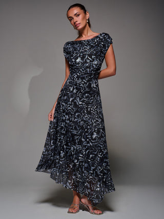 Mesh Asymmetrical Draped Maxi Dress, Black Abstract