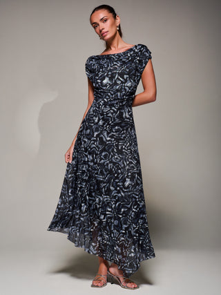 Mesh Asymmetrical Draped Maxi Dress, Black Abstract