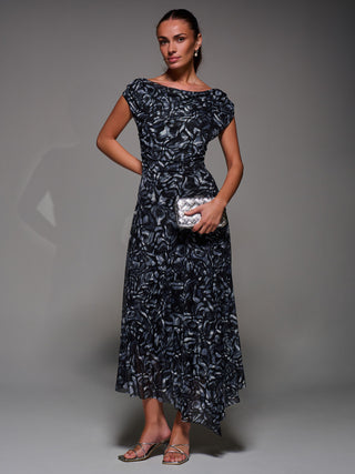 Mesh Asymmetrical Draped Maxi Dress, Black Abstract