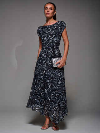 Mesh Asymmetrical Draped Maxi Dress, Black Abstract