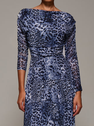 Long Sleeve Asymmetric Gathered Mesh Dress, Black Animal