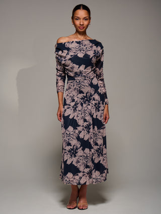 Long Sleeve Asymmetric Gathered Mesh Dress, Black Floral