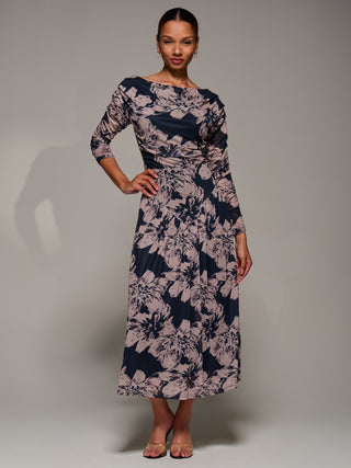 Long Sleeve Asymmetric Gathered Mesh Dress, Black Floral