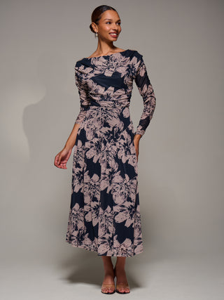 Long Sleeve Asymmetric Gathered Mesh Dress, Black Floral
