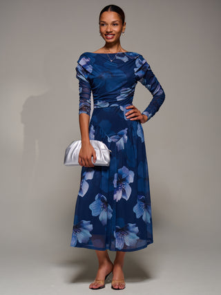 Long Sleeve Asymmetric Gathered Mesh Dress, Blue Floral