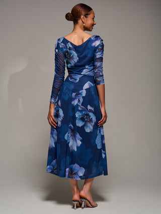 Long Sleeve Asymmetric Gathered Mesh Dress, Blue Floral