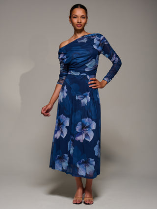 Long Sleeve Asymmetric Gathered Mesh Dress, Blue Floral