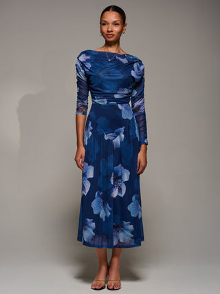 Long Sleeve Asymmetric Gathered Mesh Dress, Blue Floral