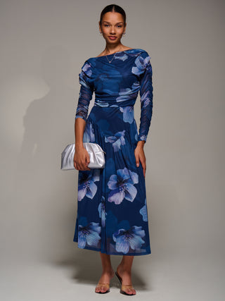 Long Sleeve Asymmetric Gathered Mesh Dress, Blue Floral