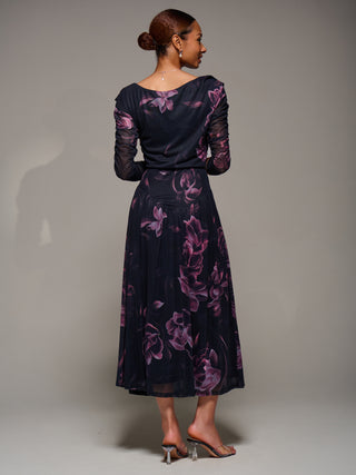 Long Sleeve Asymmetric Gathered Mesh Dress, Pink Floral