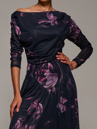 Long Sleeve Asymmetric Gathered Mesh Dress, Pink Floral