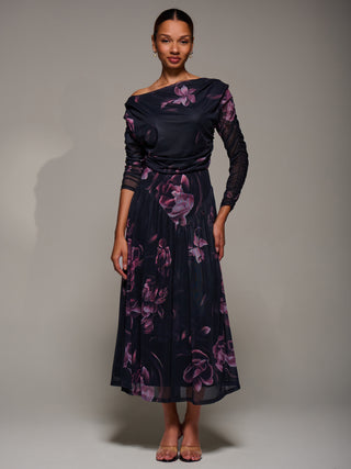 Long Sleeve Asymmetric Gathered Mesh Dress, Pink Floral