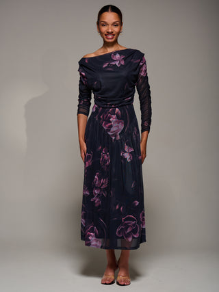 Long Sleeve Asymmetric Gathered Mesh Dress, Pink Floral