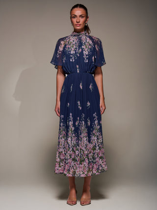 High Neck Short Sleeve Pleated Chiffon Dress, Navy Floral
