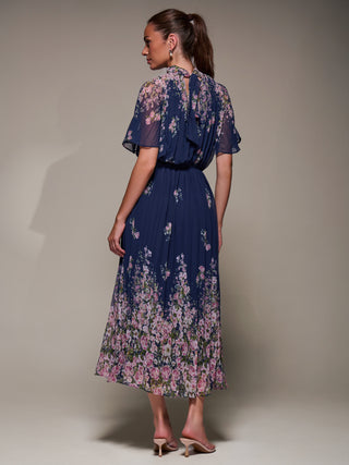 High Neck Short Sleeve Pleated Chiffon Dress, Navy Floral